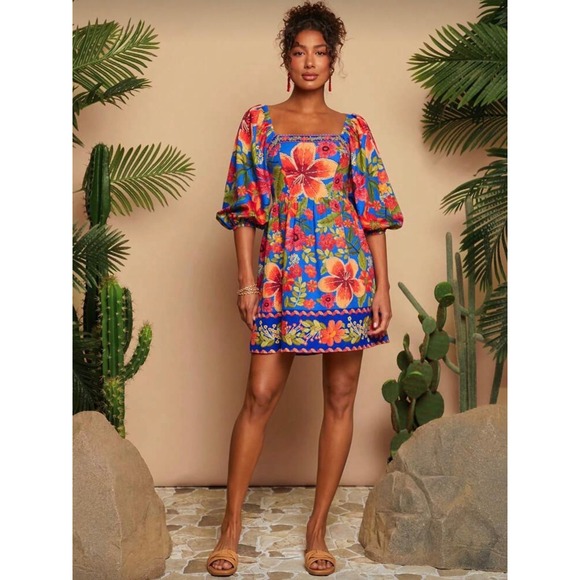 Dresses & Skirts - Blue Tropical Floral Smocked‎ Back Puff Sleeve Mini Dress Large